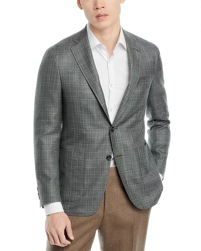Canali Kei Tonal Plaid Regular Fit Sport Coat EU 56 US 46R Green Wool Silk