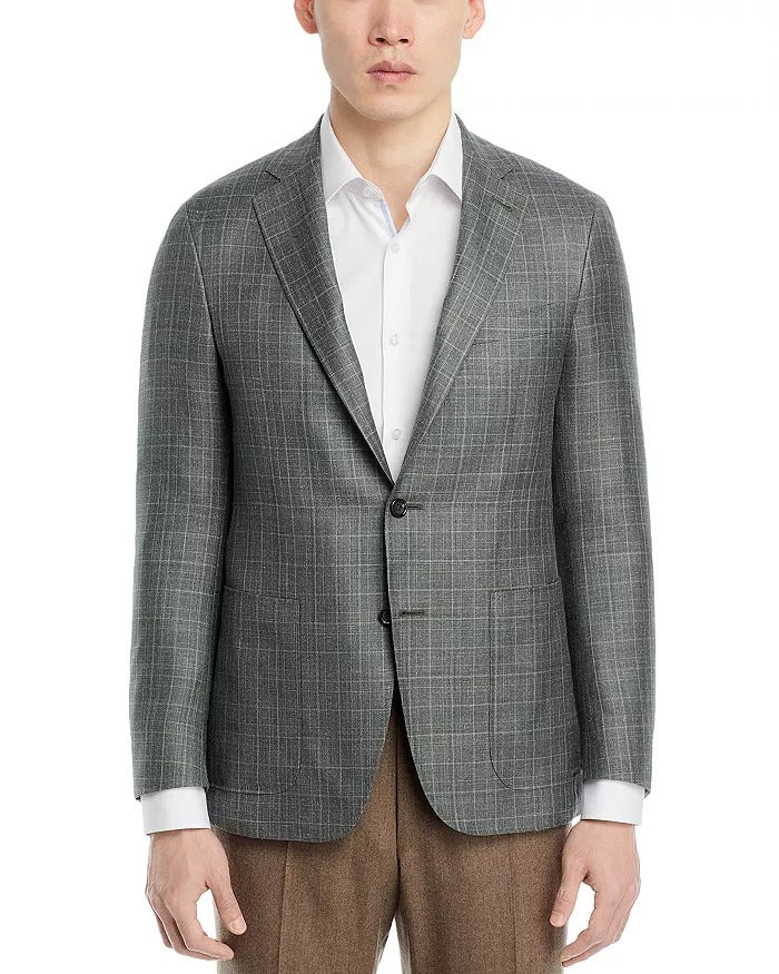 Canali Kei Tonal Plaid Regular Fit Sport Coat EU 56 US 46R Green Wool Silk