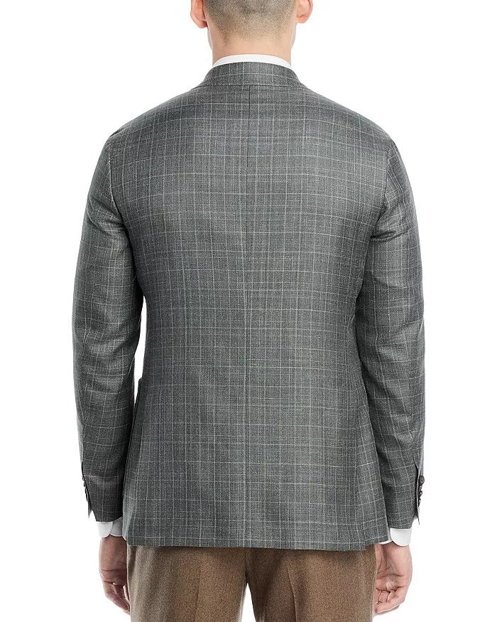 Canali Kei Tonal Plaid Regular Fit Sport Coat EU 56 US 46R Green Wool Silk