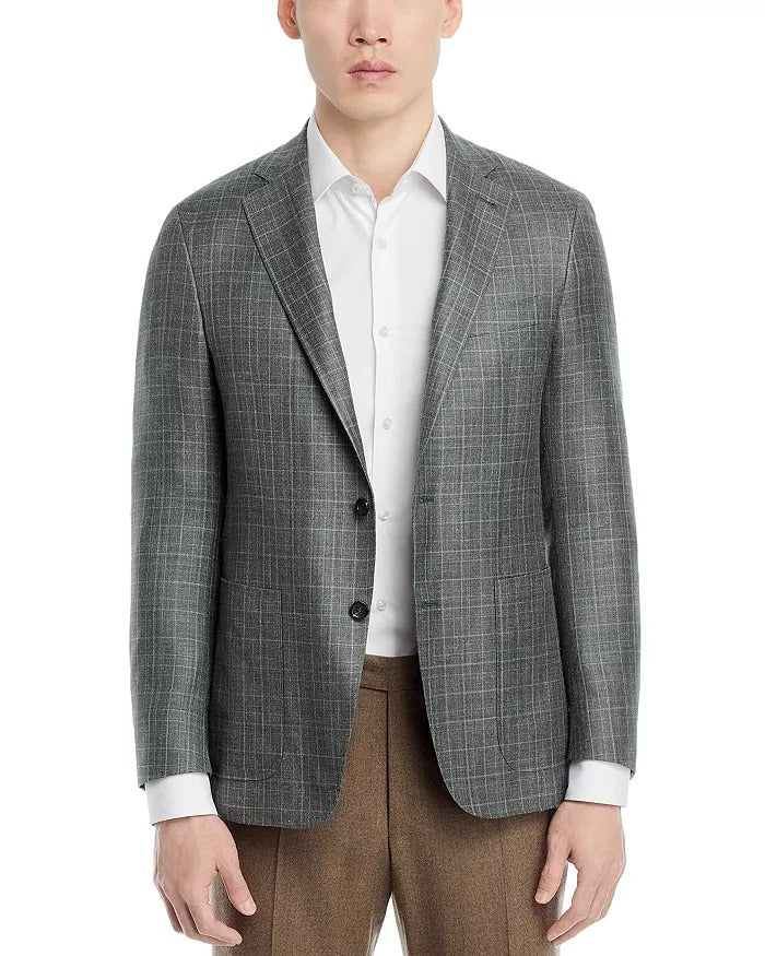 Canali Kei Tonal Plaid Regular Fit Sport Coat EU 56 US 46R Green Wool Silk