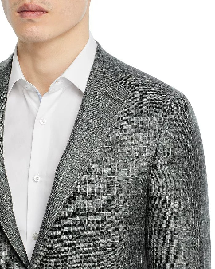 Canali Kei Tonal Plaid Regular Fit Sport Coat EU 56 US 46R Green Wool Silk