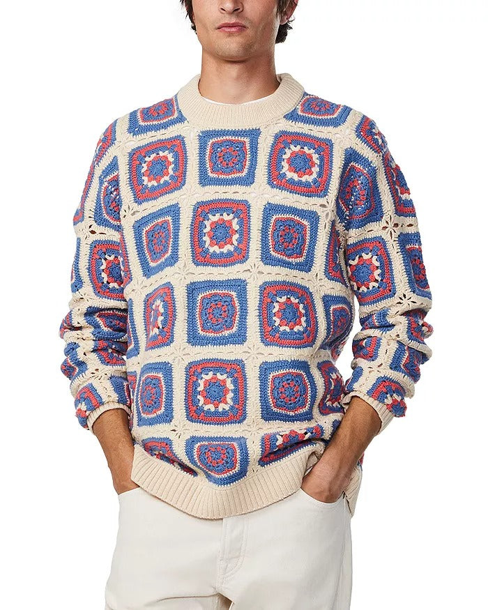 NN07 Bjorn 6523 Loose Fit Crochet Crewneck Sweater Small White Blue