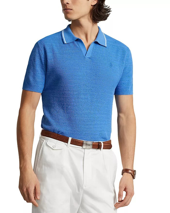 Polo Ralph Lauren Textured Open Placket Polo Sweater Shirt XXL Blue Linen Cotton
