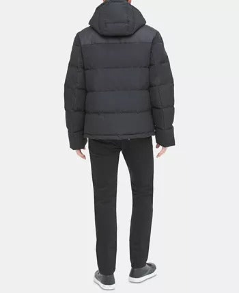 DKNY Men's Mixed-Media Puffer Coat Large Black