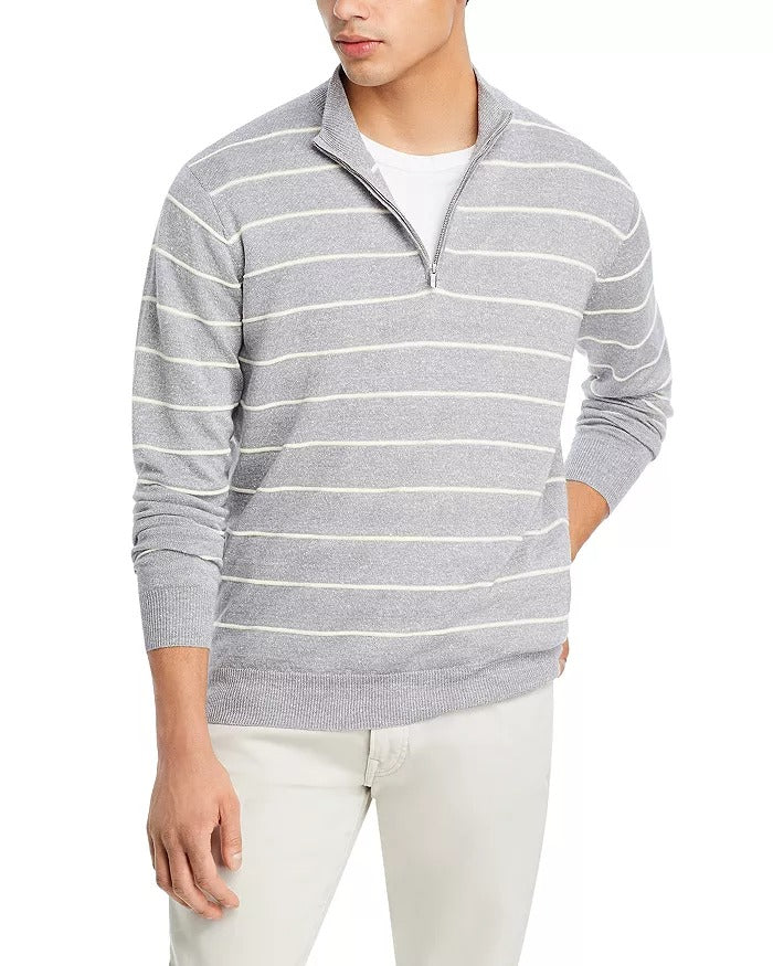Peter Millar Mens Classic fit Quarter zip Sweater Large Mock Neck Grey Striped