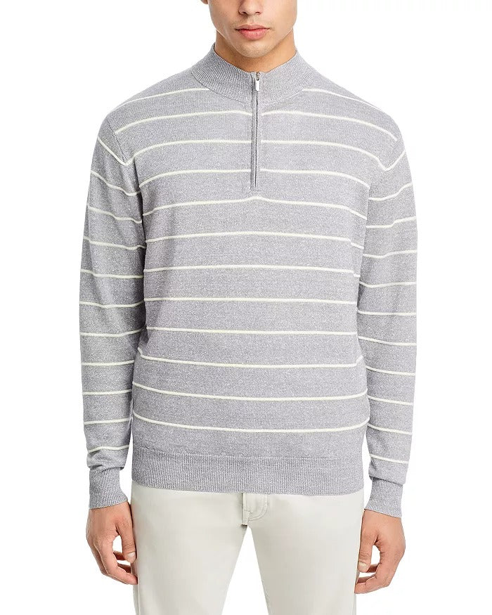Peter Millar Mens Classic fit Quarter zip Sweater Large Mock Neck Grey Striped