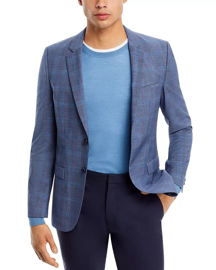 HUGO BOSS Mens Arti Plaid Extra Slim Fit Sport Coat Jacket 42L Blue Tonal Plaid