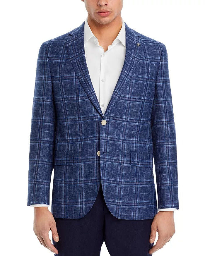 Jack Victor Conway Melange Plaid Regular Fit Sport Coat 44R Blue Wool