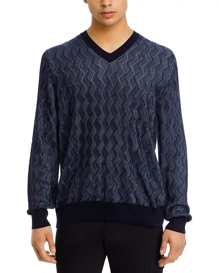 Hugo Boss Mens Regular fit Long Sleeve V Neck Sweater Medium 100% Silk  Blue
