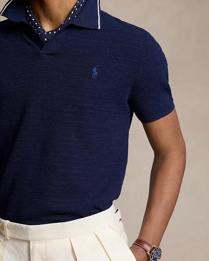 Polo Ralph Lauren Textured Polo Sweater Shirt XXL Navy Blue Linen Cotton