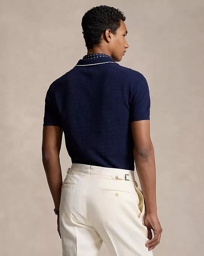 Polo Ralph Lauren Textured Polo Sweater Shirt XXL Navy Blue Linen Cotton