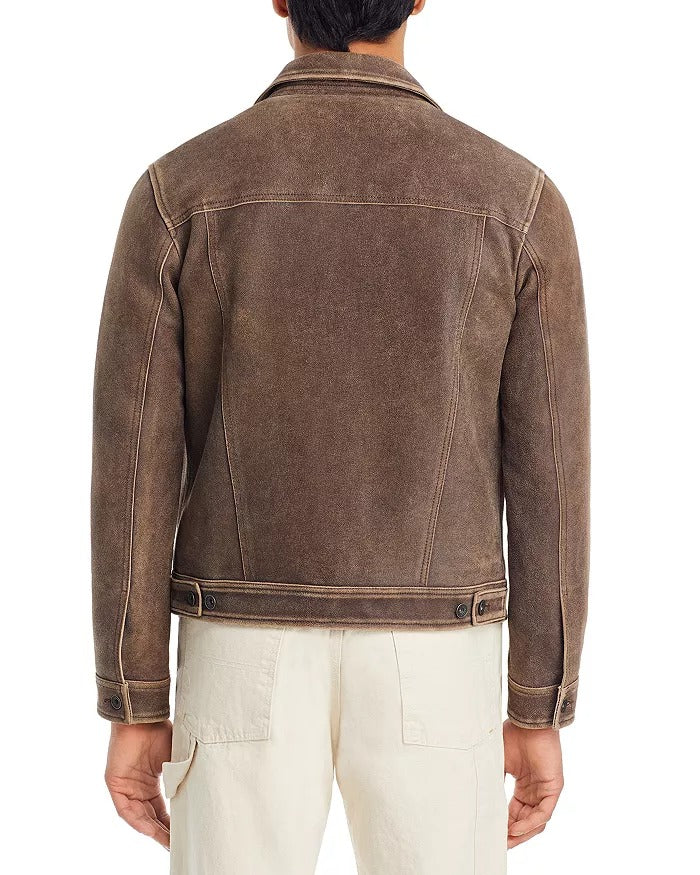 John Varvatos Andrew Leather Trucker Jacket EU 48 US 38 Distressed Brown
