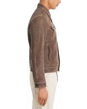 John Varvatos Andrew Leather Trucker Jacket EU 48 US 38 Distressed Brown