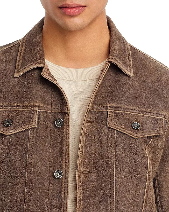 John Varvatos Andrew Leather Trucker Jacket EU 48 US 38 Distressed Brown