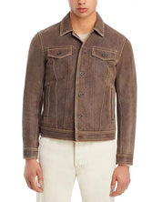 John Varvatos Andrew Leather Trucker Jacket EU 48 US 38 Distressed Brown