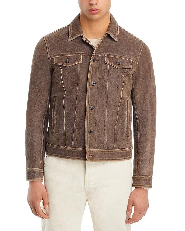 John Varvatos Andrew Leather Trucker Jacket EU 48 US 38 Distressed Brown