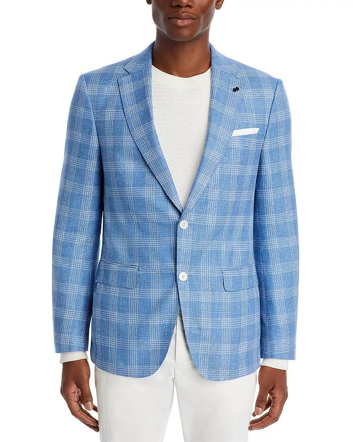 HUGO BOSS Hutson Glen Check Slim Fit Sport Coat Blazer 42R Light Blue Plaid