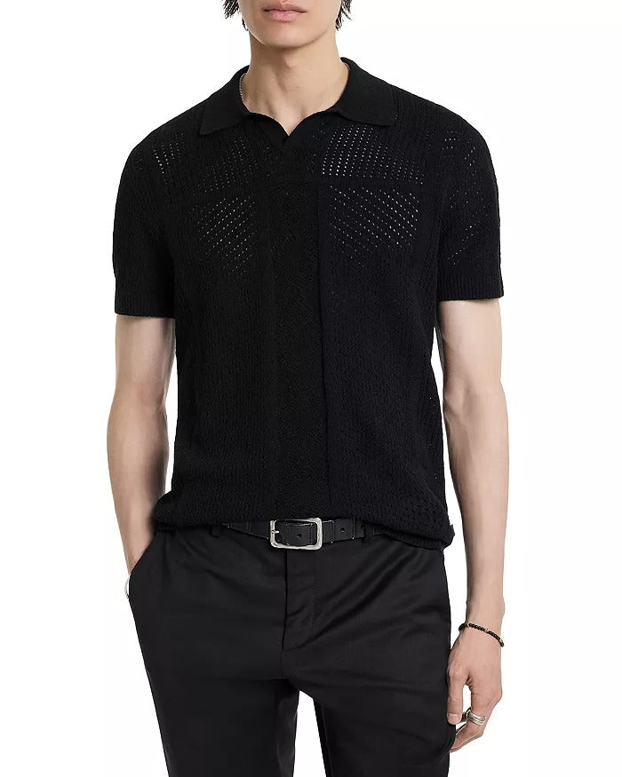 John Varvatos Theo Pointelle Short Sleeve Polo Sweater Black Large