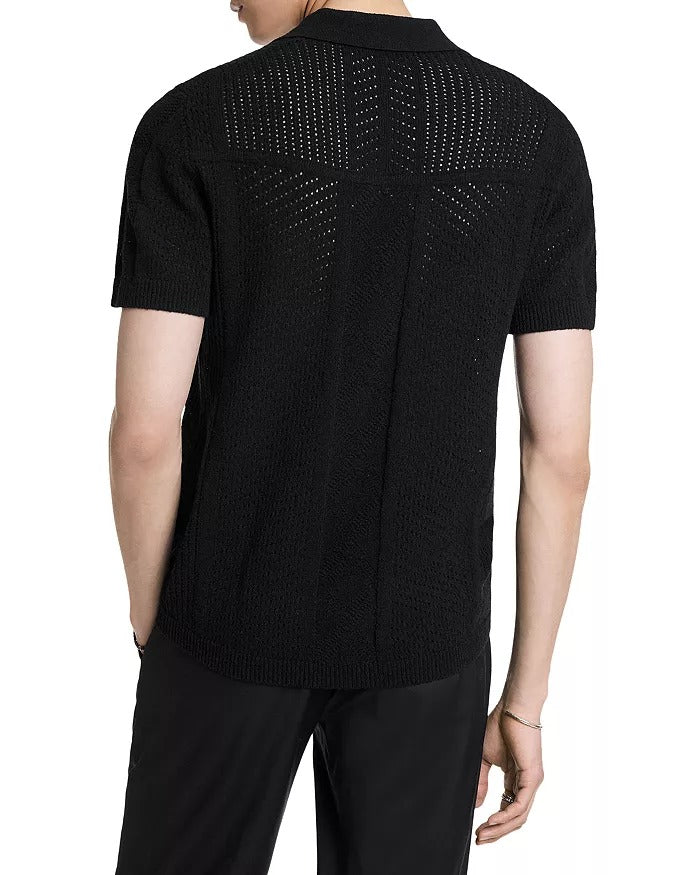 John Varvatos Theo Pointelle Short Sleeve Polo Sweater Black Large