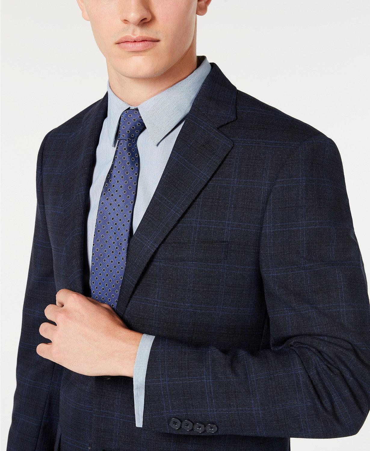 Calvin Klein Men's Slim Fit Wool Blend Suit Jacket 40R Navy Blue Plaid