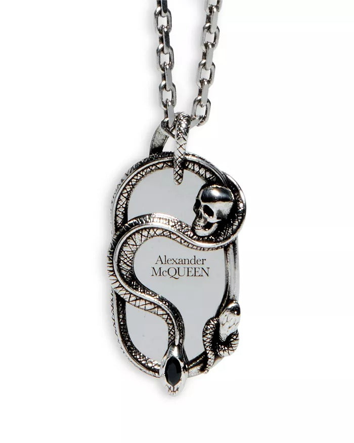 Alexander McQUEEN Mens Snake & Skull Pendant Necklace Silver Brass ITALY