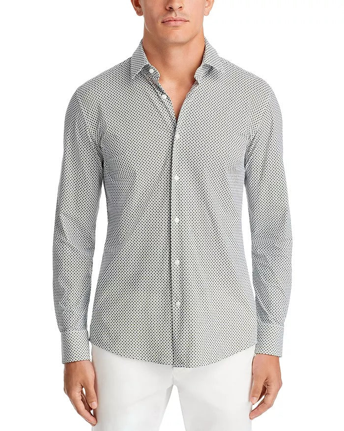 HUGO BOSS Hank Slim Fit Printed Long Sleeve Shirt 15.5 34 - 35 Green
