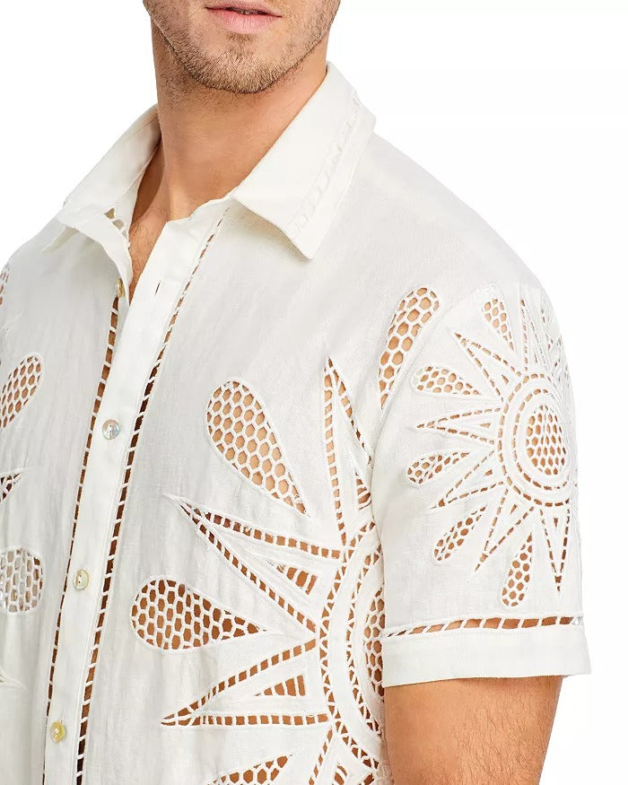 FARM Rio Maxi Sunset Richelieu Regular Fit Embroidered Linen Shirt Small White