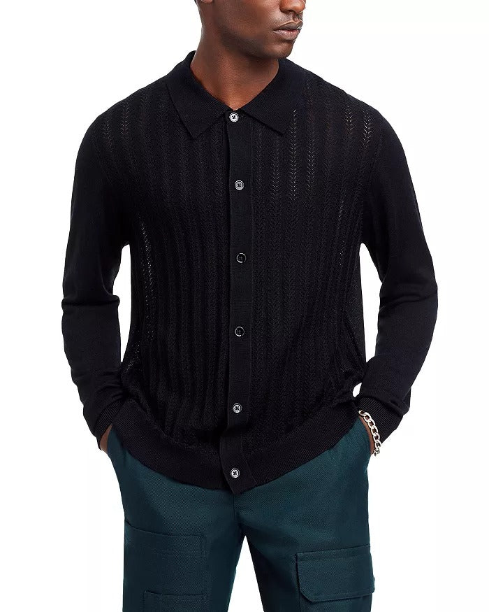Nn07 Mens Regular fit Long Sleeve Cardigan Sweater Medium Collared Black Solid