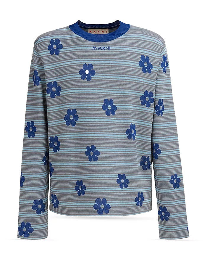Marni Mens Regular fit Long Sleeve Crewneck Sweater Large Crew Neck Blue Floral