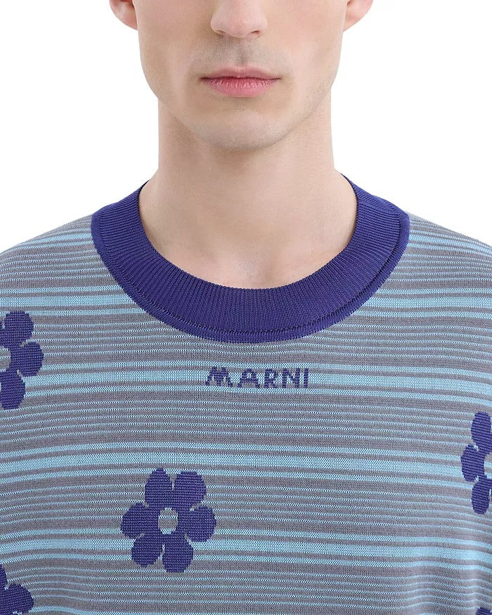 Marni Mens Regular fit Long Sleeve Crewneck Sweater Large Crew Neck Blue Floral