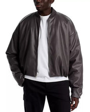 Stampd Mens Faux Leather Oversized Cropped Bomber Jacket Large Charcoal Grey