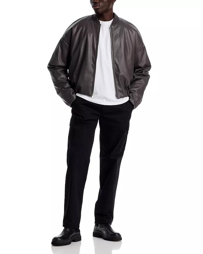 Stampd Mens Faux Leather Oversized Cropped Bomber Jacket Large Charcoal Grey