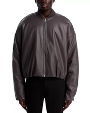 Stampd Mens Faux Leather Oversized Cropped Bomber Jacket Large Charcoal Grey