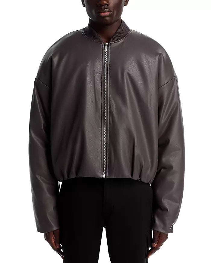 Stampd Mens Faux Leather Oversized Cropped Bomber Jacket Large Charcoal Grey