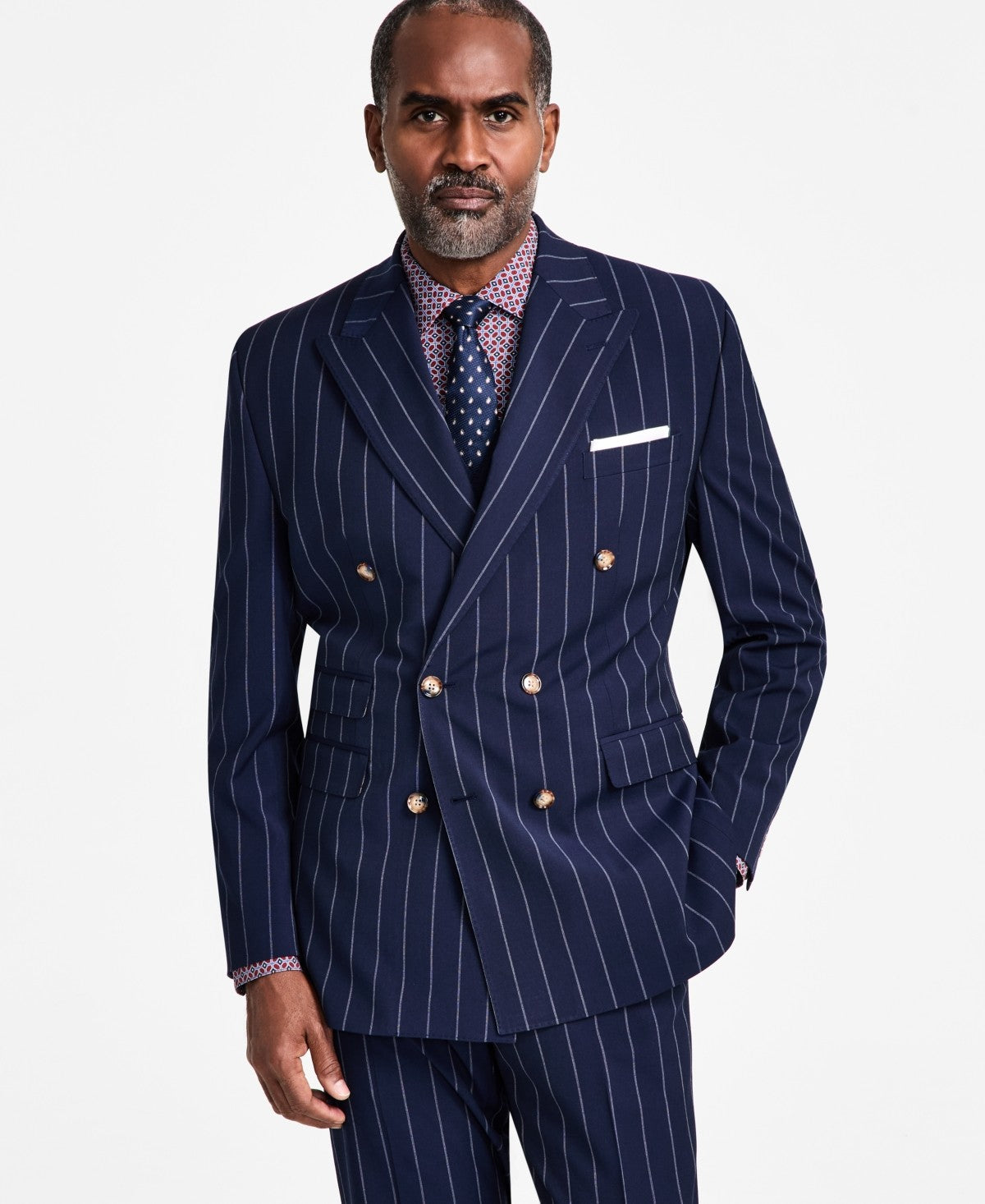 Tayion Collection Men's Pinstriped Double-Breasted Suit Jacket 44 L Navy Blue