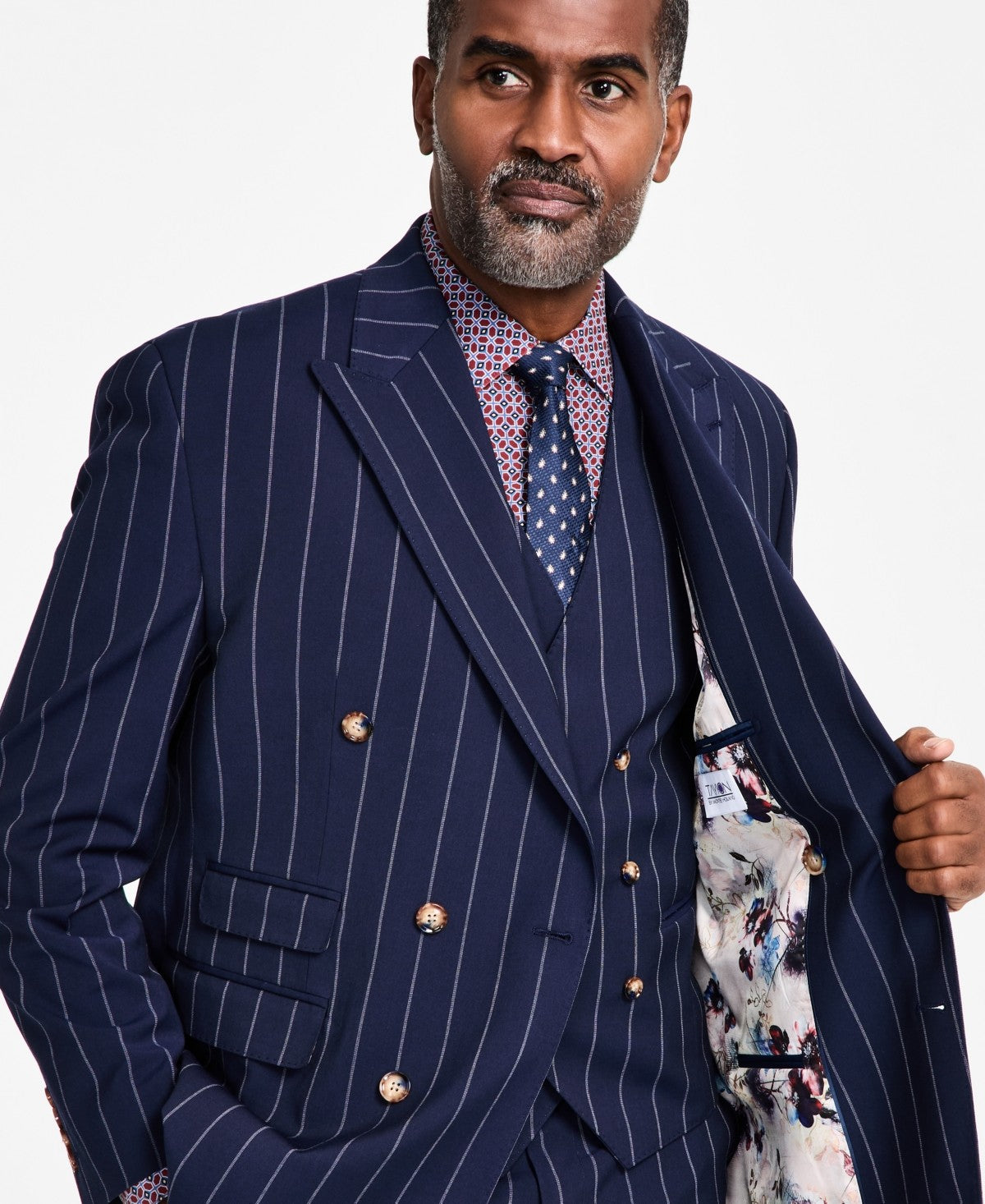 Tayion Collection Men's Pinstriped Double-Breasted Suit Jacket 44 L Navy Blue