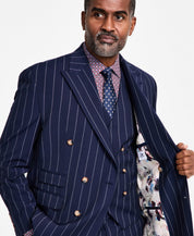 Tayion Collection Men's Pinstriped Double-Breasted Suit Jacket 44 L Navy Blue