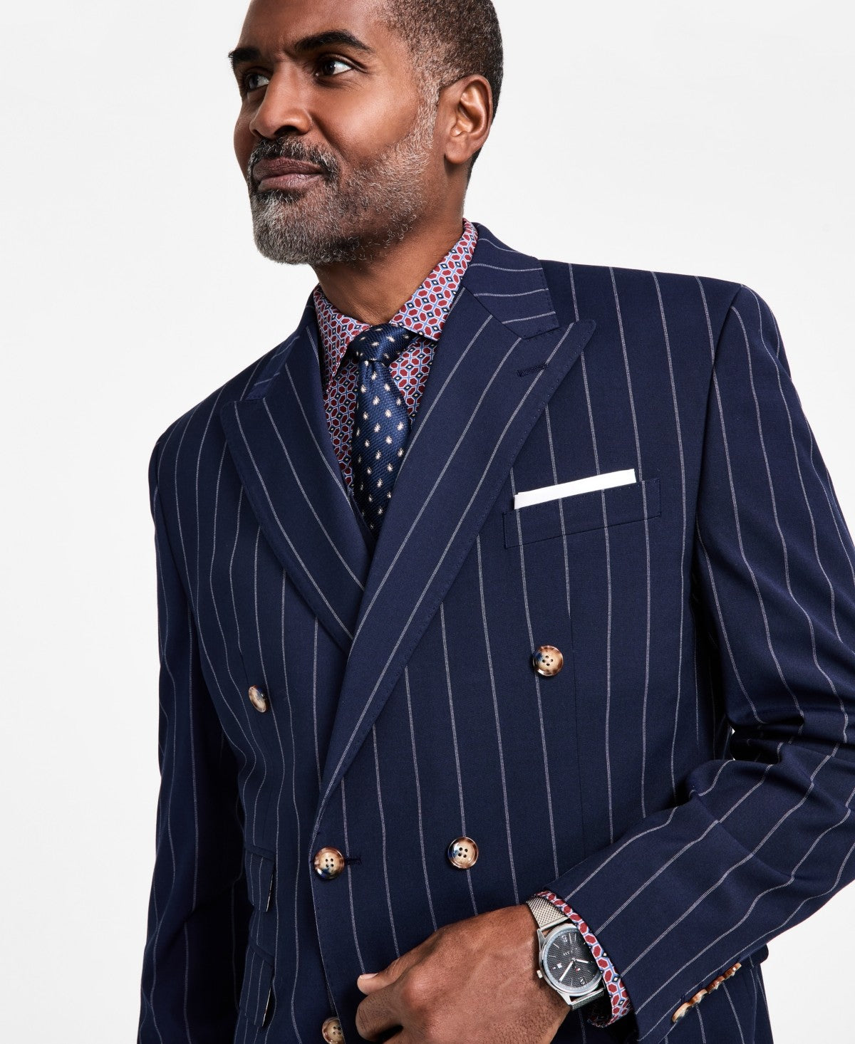 Tayion Collection Men's Pinstriped Double-Breasted Suit Jacket 44 L Navy Blue