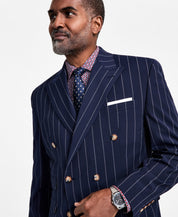 Tayion Collection Men's Pinstriped Double-Breasted Suit Jacket 44 L Navy Blue