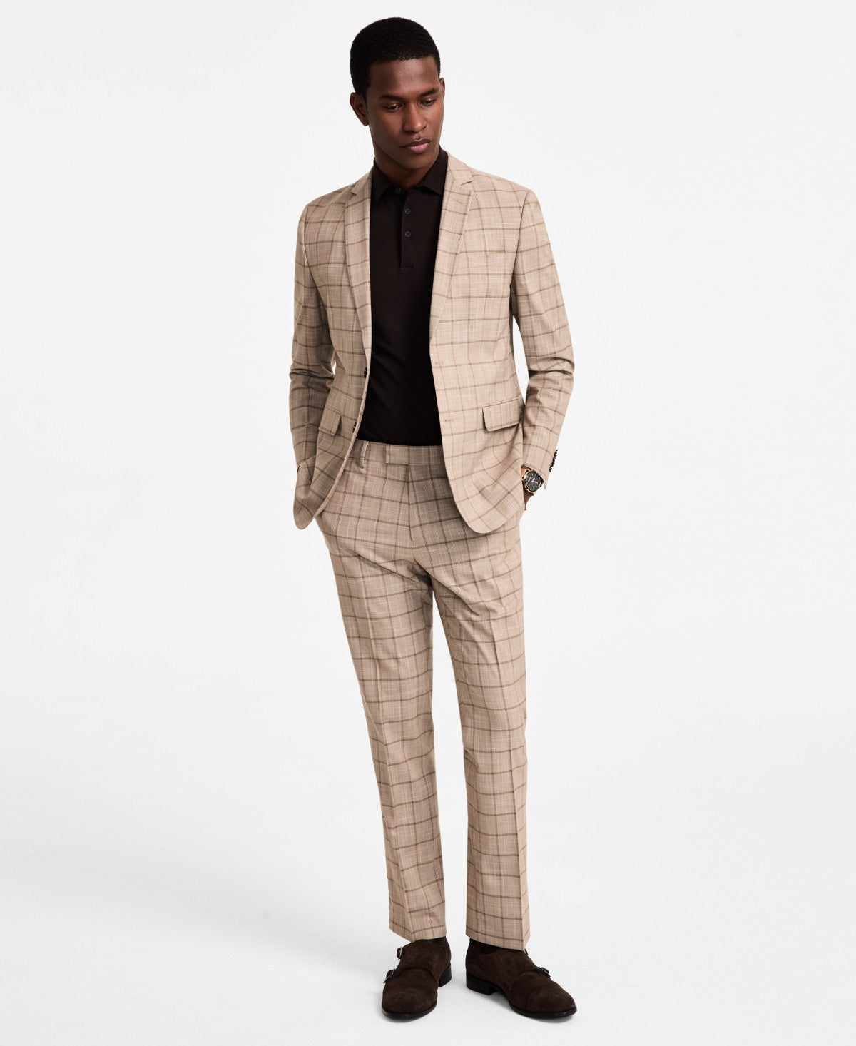 Nick Graham Mens Slim fit 2 Piece Suit 42 L / 34 Waist Beige Tan Plaid Stretch