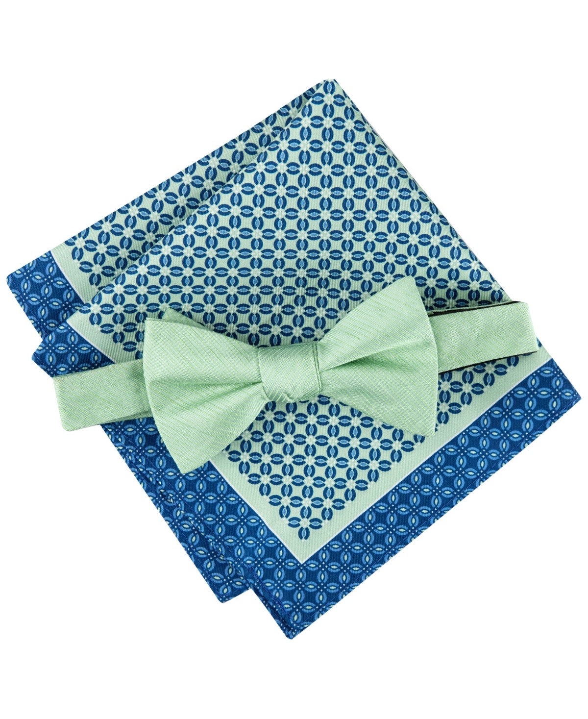 Tommy Hilfiger Mens Solid Bow Tie & Medallion Pocket Square Set Mint Green Blue