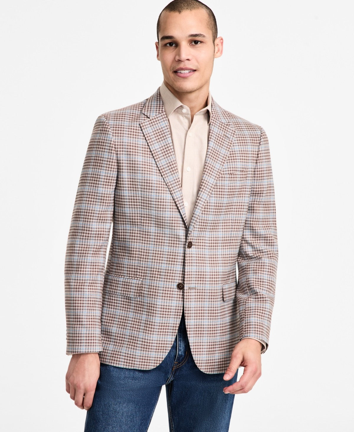 Nautica Mens Modern fit Sport Coat Blazer 38 S Beige Plaid Stretch
