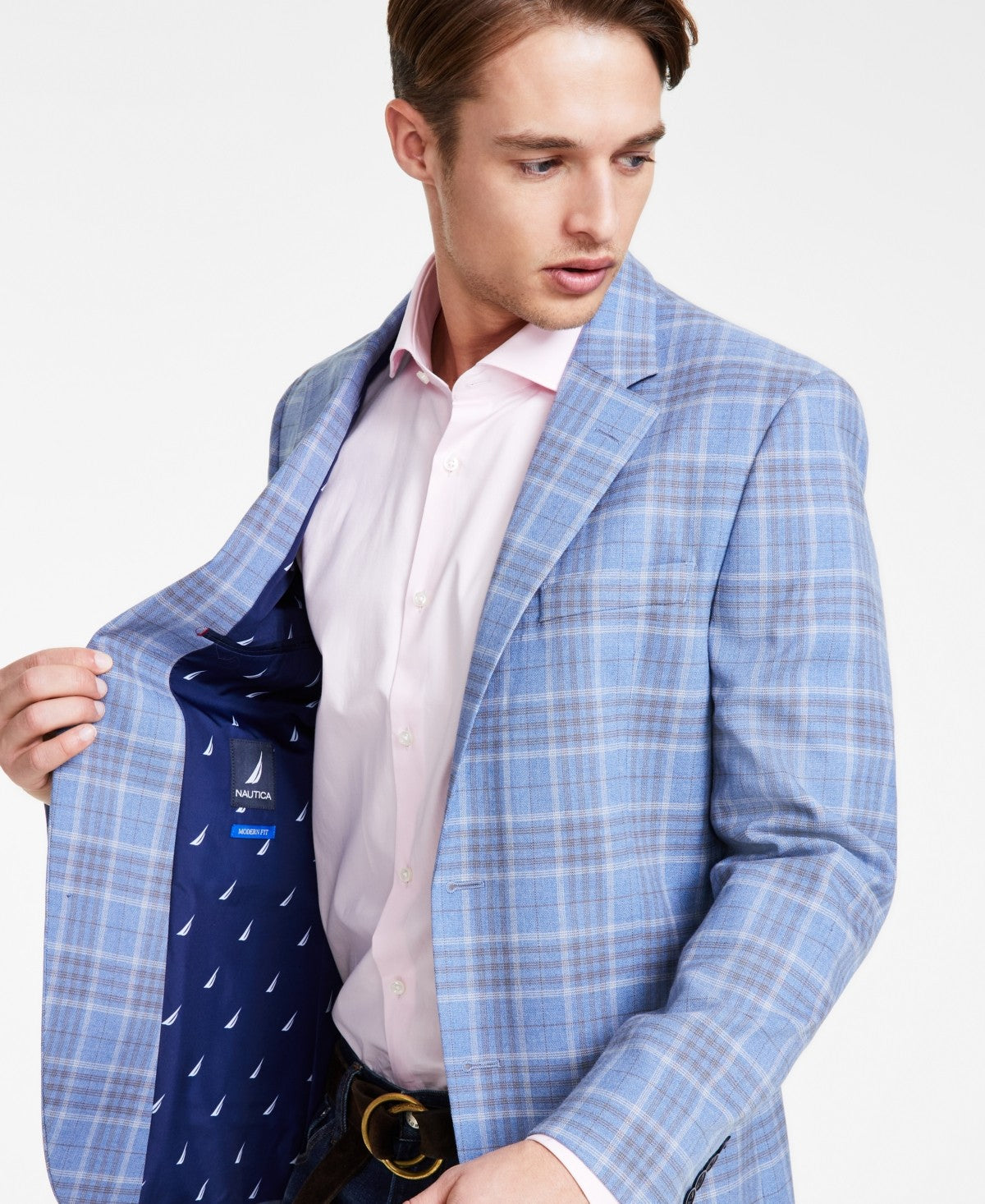Nautica Mens Modern fit Sport Coat Blazer 44 L Blue Brown Plaid