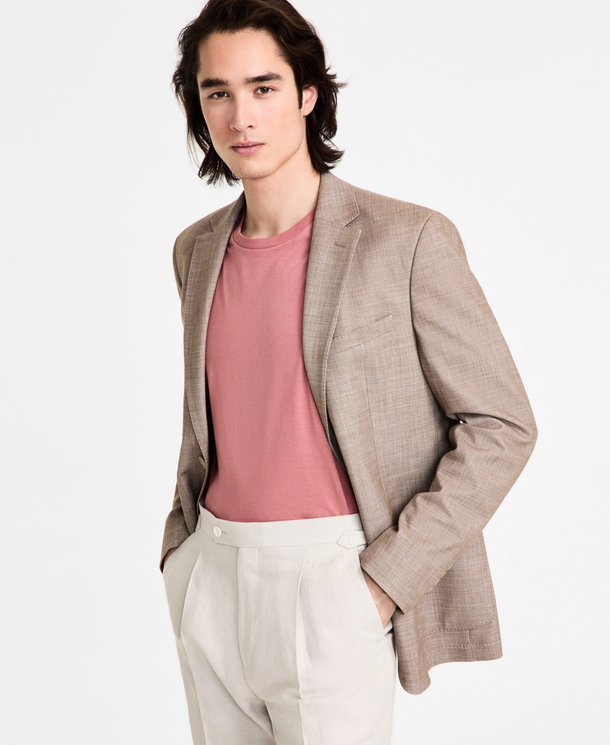 Calvin Klein Mens Slim fit Sport Coat Blazer 40 R Beige Solid Stretch