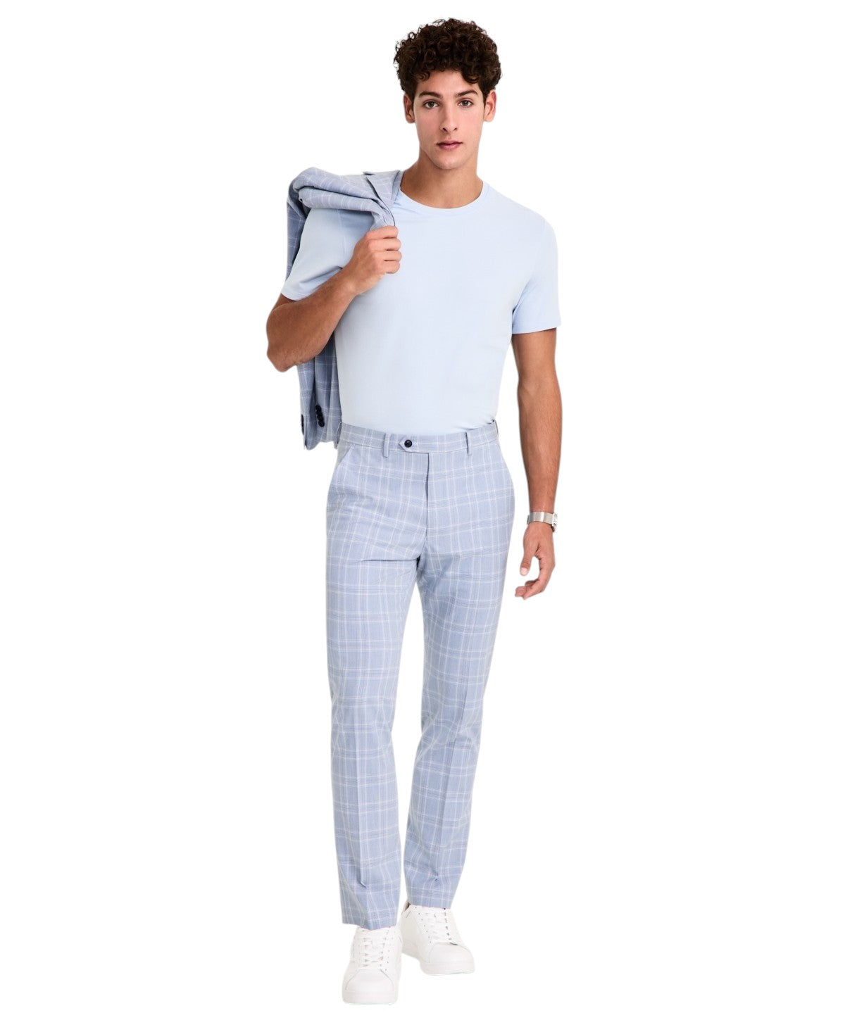 Alfani Mens Slim fit Dress Pants 33 / 30 Light Blue Plaid Stretch