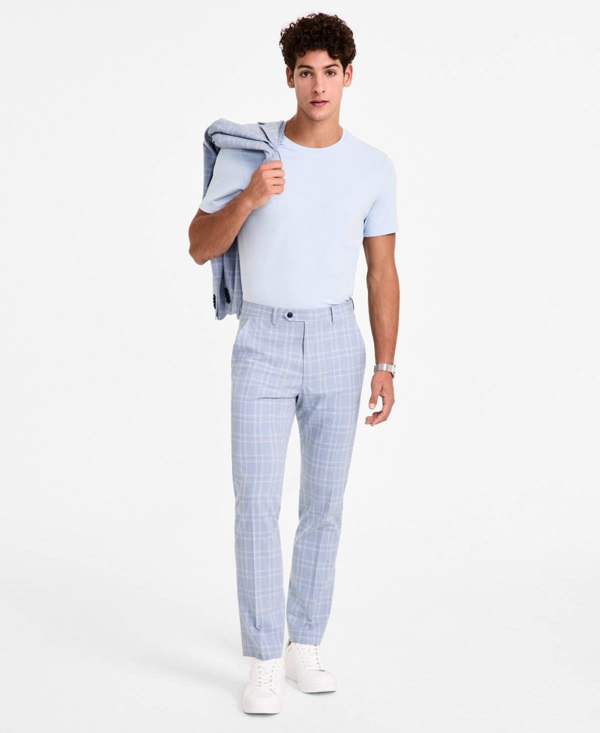 Alfani Mens Slim fit Dress Pants 33 / 30 Light Blue Plaid Stretch