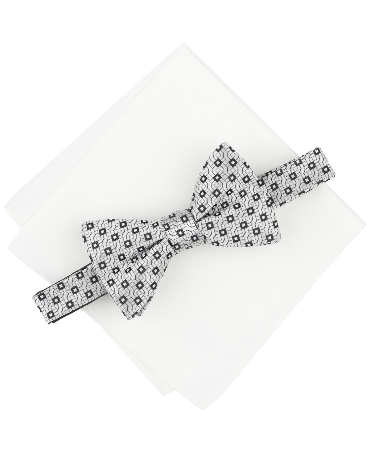 Alfani Mens Alene Geo-Pattern Bow Tie Solid Pocket Square Set White