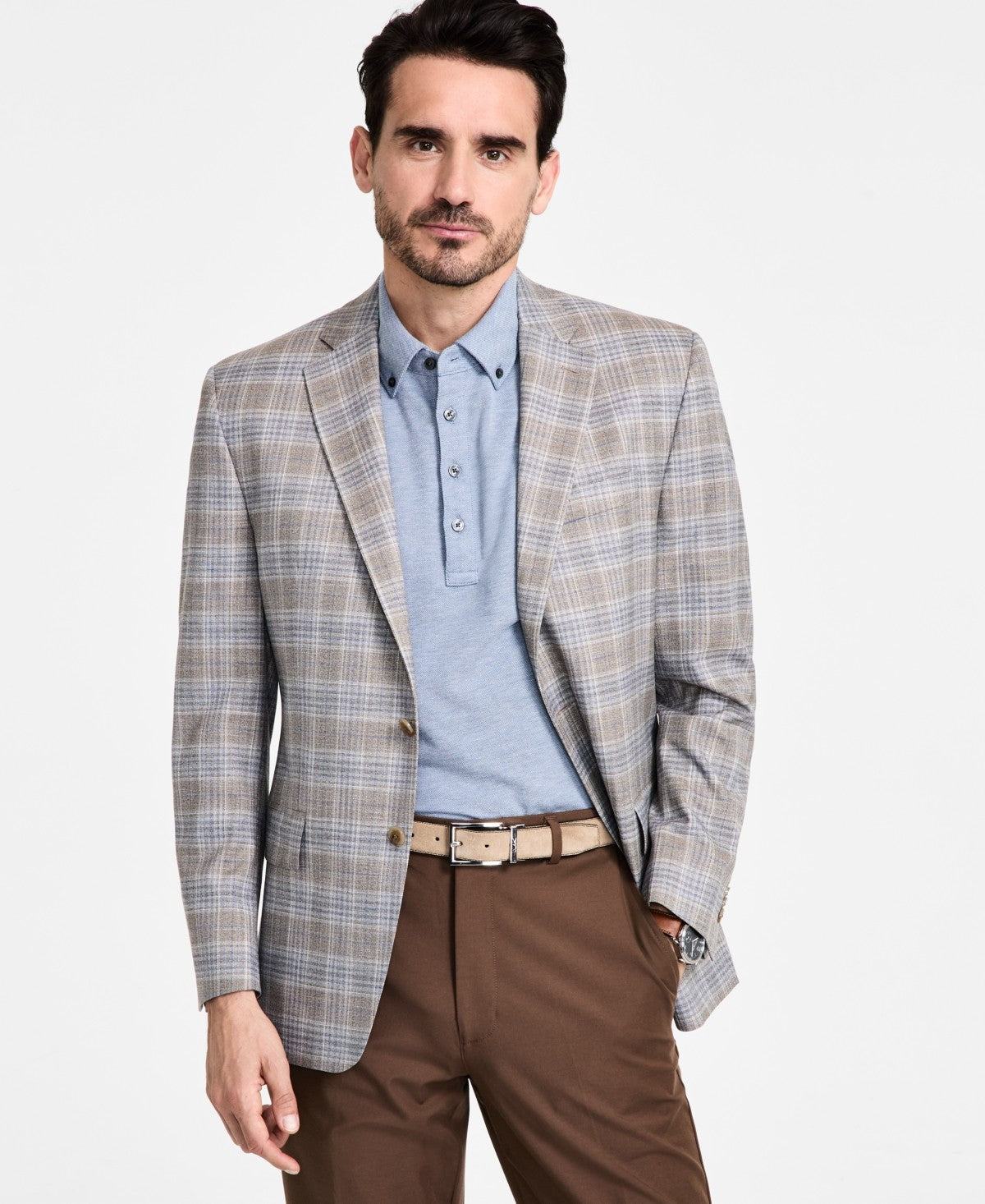 Michael Kors Mens Classic fit Sport Coat Blazer 44 L Beige Plaid