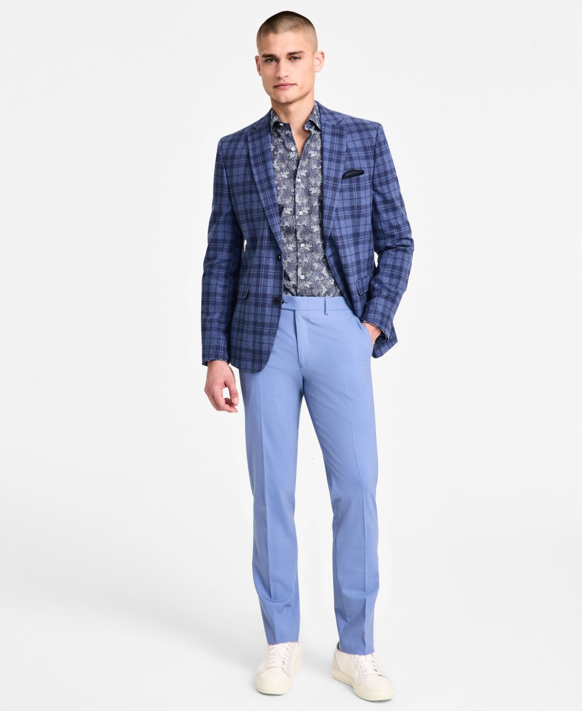 Bar Iii Mens Slim fit Sport Coat Blazer 36 S Blue Plaid Linen Stretch