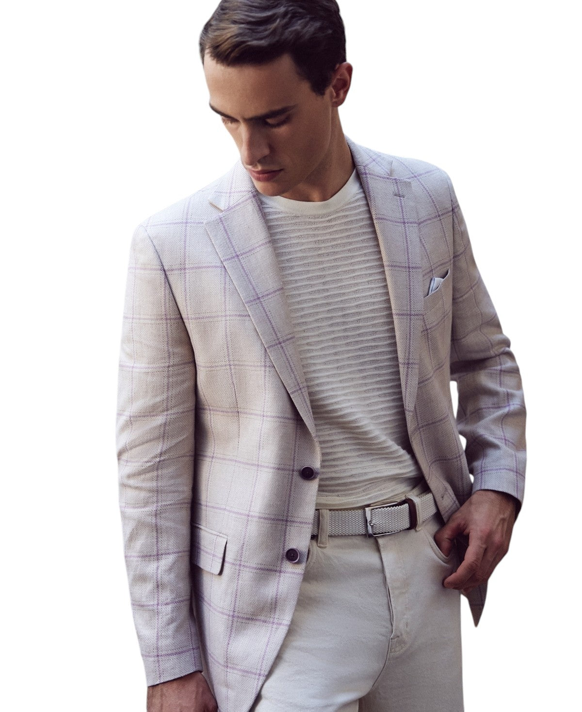 Tallia Mens Slim fit Linen Sport Coat Blazer 48 R Beige Plaid